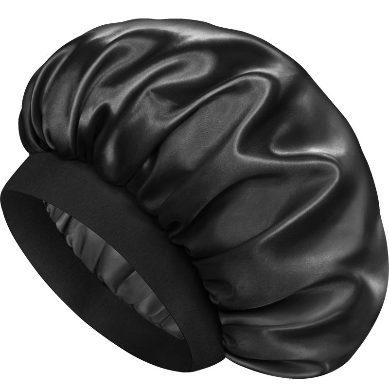 Doitory Satin Silk Bonnet for Sleeping Double Layer Silk Sleep Cap for Men  Women Soft Satin Lined Bonnet for Natural  Curly HairBlack